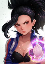 Rule 34 | 1girl, arm grab, artist name, black bra, black eyes, black hair, blue shirt, boku no hero academia, bra, breasts, cleavage, clenched hand, commentary request, frown, grey background, highres, large breasts, long hair, looking to the side, magion02, ponytail, shirt, simple background, solo, underwear, yaoyorozu momo