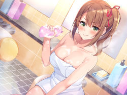 Rule 34 | &gt;:), 1girl, bare shoulders, bath, blush, breasts, brown hair, bucket, cleavage, closed mouth, collarbone, dutch angle, faucet, female focus, green eyes, hair ribbon, highres, holding, kouhai shoujo, looking at viewer, medium breasts, medium hair, mirror, naked towel, non-web source, red ribbon, ribbon, side ponytail, sidelocks, sitting, smile, soap, soap bottle, soap bubbles, solo, steam, super nagoyaka, towel, v-shaped eyebrows
