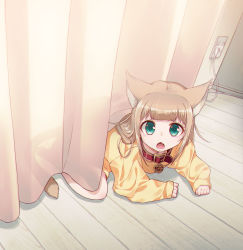 Rule 34 | 1girl, 40hara, animal collar, animal ear fluff, animal ears, aqua eyes, blonde hair, blunt bangs, cat ears, cat tail, collar, commentary, curtains, electric plug, electrical outlet, fang, kinako (40hara), long hair, looking at viewer, lying, on stomach, open mouth, original, red collar, solo, sweater, tail, wooden floor