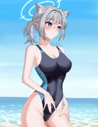 Rule 34 | 1girl, animal ear fluff, animal ears, black one-piece swimsuit, blue archive, blue eyes, blue sky, breasts, cloud, competition swimsuit, contrapposto, covered navel, cross hair ornament, day, extra ears, gradient sky, grey hair, hair ornament, halo, highres, horizon, low ponytail, medium breasts, medium hair, mismatched pupils, multicolored clothes, multicolored swimsuit, ocean, official alternate costume, one-piece swimsuit, outdoors, sharly, shiroko (blue archive), shiroko (swimsuit) (blue archive), sky, solo, swimsuit, water, wolf ears