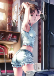 Rule 34 | 1girl, adjusting hair, armpits, arms up, ass, bare arms, brown eyes, brown hair, camisole, cowboy shot, cup, from side, goggles, highres, indoors, lips, looking away, midriff, mouth hold, mug, original, ponytail, rezi, shorts, sleeveless, solo, tea