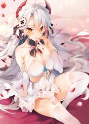 Rule 34 | 1girl, adapted costume, alternate costume, ankle ribbon, antenna hair, arm support, ass, azur lane, bad id, bad pixiv id, bare shoulders, blurry, blush, bokeh, breasts, bridal gauntlets, bridal veil, brown eyes, cleavage, closed mouth, collarbone, cross, crossed legs, depth of field, dress, eyes visible through hair, finger to mouth, flower, garter straps, gloves, hair between eyes, hair ornament, half-closed eyes, headgear, highres, iron cross, knee up, knees up, large breasts, leg ribbon, long hair, looking at viewer, mole, mole on breast, multicolored hair, no bra, open mouth, panties, petals, prinz eugen (azur lane), prinz eugen (symphonic fate) (azur lane), red hair, ribbon, rose, see-through, sitting, skindentation, smile, solo, sushimekabu, thighhighs, thighs, two side up, underwear, veil, very long hair, wedding dress, white dress, white flower, white footwear, white gloves, white hair, white panties, white thighhighs