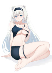 Rule 34 | 1girl, arknights, arm support, aurora (arknights), bare arms, bare shoulders, barefoot, black hairband, black shorts, blue eyes, breasts, camisole, camisole lift, cleavage, clothes lift, collarbone, commentary, crop top, hairband, highres, large breasts, long hair, looking at viewer, midriff, navel, shorts, silver hair, simple background, sitting, solo, spaghetti strap, stomach, teagun, thigh strap, thighs, very long hair, white background
