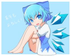 Rule 34 | 1girl, bad id, bad pixiv id, bare legs, barefoot, blue background, blue bow, blue dress, blue eyes, blue hair, bow, cirno, commentary request, dress, eyes visible through hair, fang, feet, hair bow, highres, hugging own legs, ice, ice wings, looking at viewer, open mouth, puffy short sleeves, puffy sleeves, red neckwear, shikabane homura, shirt, short hair, short sleeves, simple background, sitting, skin fang, smile, solo, toes, touhou, translation request, white shirt, wings