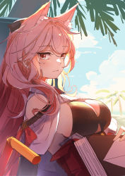 Rule 34 | 1girl, absurdres, animal ear fluff, animal ears, arknights, bare shoulders, bikini, bikini top only, black bikini, blue sky, blush, book, bow, breasts, cleavage, closed mouth, clothing cutout, day, from side, high-waist skirt, highres, large breasts, long hair, looking at viewer, looking to the side, outdoors, palm tree, pink hair, pozyomka (arknights), red bow, red eyes, sao7, shoulder cutout, skirt, sky, smile, solo, swimsuit, tree, underbust, upper body, very long hair, wolf ears