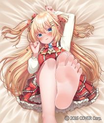 Rule 34 | 1girl, akai haato, akai haato (gothic lolita), arm up, bare legs, barefoot, bed sheet, blonde hair, blue eyes, blush, bow, bowtie, commentary request, dress, feet, foot focus, foreshortening, frilled dress, frills, hair between eyes, hair ornament, hair ribbon, hairclip, hand up, heart, heart hair ornament, hololive, long hair, long sleeves, looking at viewer, lying, magowasabi, nail polish, official art, on back, parted lips, red bow, red bowtie, red eyes, red nails, red ribbon, ribbon, soles, solo, tearing up, toes, two side up, very long hair, virtual youtuber, x hair ornament