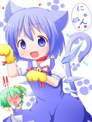 Rule 34 | !, !!, 2girls, :3, animal ears, animal hands, bell, blood, blue eyes, blue hair, blush, cat ears, cat tail, cirno, collar, collarbone, daiyousei, fairy wings, fang, gloves, green hair, hair ribbon, heart, highres, ice, ice wings, kemonomimi mode, looking at viewer, makuran, multiple girls, nosebleed, open mouth, paw gloves, paw print, puffy sleeves, ribbon, short hair, short sleeves, side ponytail, tail, touhou, wings