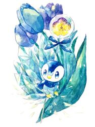 Rule 34 | bird, blue eyes, creatures (company), flower, game freak, gen 4 pokemon, highres, leaf, nintendo, no humans, non (kumakawayusu), penguin, piplup, pokemon, pokemon (creature), smile, solo, traditional media