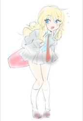 Rule 34 | 1girl, :d, blonde hair, blue eyes, blush, full body, jacket, long hair, looking at viewer, necktie, open mouth, pleated skirt, school uniform, sketch, skirt, smile, solo, stormcow, suggestive