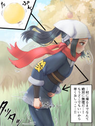 Rule 34 | 1girl, akari (pokemon), apotea, black eyes, black hair, blue kimono, blue pants, blue sky, blush, closed mouth, cloud, creatures (company), day, embarrassed, female focus, flat chest, from side, game freak, grass, hand on own stomach, have to pee, head scarf, highres, japanese clothes, japanese text, kimono, layered sleeves, leaning forward, long sleeves, matching hair/eyes, motion lines, nintendo, obi, outdoors, pants, pokemon, pokemon legends: arceus, ponytail, profile, red scarf, sash, scarf, sidelocks, sky, solo, speech bubble, standing, sweat, translation request, tree, trembling, urine meter, walking, wavy mouth, white headwear