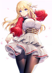 Rule 34 | 1girl, arm behind head, belt, black pantyhose, blonde hair, blue eyes, bow, breasts, commentary request, cowboy shot, dress, dress shirt, from below, gradient background, hair between eyes, hair bow, hand up, high belt, highres, large breasts, long hair, long sleeves, looking at viewer, nail polish, narrow waist, original, pantyhose, parted lips, petals, pink background, pink nails, pleated dress, puffy long sleeves, puffy sleeves, ririko (zhuoyandesailaer), saegusa futaba, shirt, signature, solo, standing, taut clothes, taut shirt, thighband pantyhose, underbust, very long hair, white background, white bow, white dress