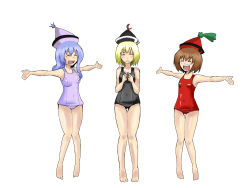 Rule 34 | 3girls, barefoot, blonde hair, blush, brown hair, closed eyes, female focus, fingers together, hat, index fingers together, light purple hair, lunasa prismriver, lyrica prismriver, merlin prismriver, multiple girls, one-piece swimsuit, outstretched arms, reon (pixiv), reon (saikyou), school swimsuit, siblings, sisters, spread arms, swimsuit, touhou