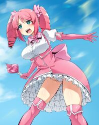 Rule 34 | 1girl, angakoq, back bow, blue sky, boots, bow, bowtie, brooch, cloud, cloudy sky, commentary request, crotch seam, day, dress, drill hair, elbow gloves, frown, gloves, green eyes, hair bow, hanabishi haruka, heart, heart brooch, highres, holding, holding wand, jewelry, large bow, leaning forward, looking to the side, magia magenta, magical girl, mahou shoujo ni akogarete, medium hair, open mouth, outdoors, panties, pantyshot, partial commentary, petticoat, pinafore dress, pink bow, pink bowtie, pink dress, pink footwear, pink gloves, puffy short sleeves, puffy sleeves, shirt, short dress, short sleeves, sky, sleeveless, sleeveless dress, solo, standing, thigh boots, twin drills, twintails, underwear, wand, white panties, white shirt