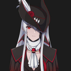 Rule 34 | 1girl, alpha (punishing: gray raven), bandaid, bandaid on face, black background, black hat, black jacket, breasts, cleavage, closed mouth, flower, gem, hair over one eye, hat, hat feather, hat flower, highres, jacket, jewelry, long hair, lucia: crimson abyss (punishing: gray raven), lzypoipoi, medium breasts, punishing: gray raven, red eyes, red gemstone, scarf, sidelocks, solo, tricorne, white hair, white scarf