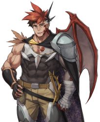 Rule 34 | 1boy, another eidos-r, armor, asymmetrical sleeves, bandaged arm, bandages, bara, biceps, brown hair, brown pants, covered abs, crotchless, crotchless pants, dragon boy, dragon horns, dragon wings, feet out of frame, gaia (another eidos), heterochromia, horns, leather belt, lemon torikawa, looking at viewer, male focus, multicolored hair, muscular, muscular male, official art, pants, pauldrons, pectoral cleavage, pectorals, red hair, scales, short hair, shoulder armor, single horn, single pauldron, single wing, smile, solo, transparent background, veins, white hair, wings