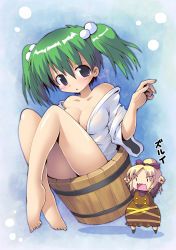 Rule 34 | 2girls, absurdres, bad feet, bare legs, bare shoulders, barefoot, blonde hair, bow, breasts, bucket, chibi, cleavage, feet, female focus, green hair, hair bobbles, hair ornament, highres, in bucket, in container, kisume, kurodani yamame, kurogarasu, legs, multiple girls, off shoulder, aged up, open clothes, short hair, touhou, twintails