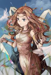 Rule 34 | 1girl, :|, absurdres, bare arms, blonde hair, blue eyes, bracelet, brown dress, chinese commentary, circlet, closed mouth, commentary request, cowboy shot, curly hair, cygnus (maplestory), dress, hair ornament, hands up, head chain, highres, jewelry, long hair, maplestory, muyu713, necklace, sky, sleeveless, sleeveless dress, solo, wristlet, yu chuang