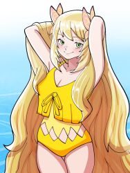 Rule 34 | 1girl, arms up, blonde hair, blush, breasts, butterfly hair ornament, celine (fire emblem), cleavage, closed mouth, cowboy shot, fire emblem, fire emblem engage, green eyes, hair ornament, hands in hair, highres, long hair, looking at viewer, mnejing30, nintendo, one-piece swimsuit, small breasts, smile, solo, swimsuit, very long hair, water, yellow one-piece swimsuit