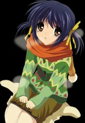 Rule 34 | 00s, blue hair, breath, brown eyes, clannad, scarf, short hair, solo, sunohara mei, twintails, winter clothes