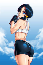 Rule 34 | 1girl, ass, back, black hair, breasts, dragon ball, dragonball z, female focus, highres, large breasts, legs, long hair, looking at viewer, r3ydart, shorts, sky, solo, twintails, videl