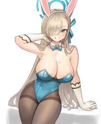 Rule 34 | 1girl, absurdres, animal ears, asuna (blue archive), asuna (bunny) (blue archive), bad id, bad pixiv id, bare shoulders, blue archive, blue eyes, blue leotard, blush, breasts, brown pantyhose, cleavage, detached collar, elbow gloves, fake animal ears, gloves, grin, hair over one eye, halo, highleg, highleg leotard, highres, large breasts, leotard, light brown hair, long hair, looking at viewer, mole, mole on breast, pantyhose, playboy bunny, rabbit ears, smile, solo, sookmo, thighs, white gloves