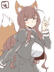 Rule 34 | 1girl, animal ear fluff, animal ears, arm at side, artist name, assault lily, black ribbon, black skirt, blue eyes, blunt bangs, blush, breasts, brown hair, commentary request, cropped jacket, fox ears, fox girl, fox shadow puppet, fox tail, gochisousama (tanin050), half-closed eyes, hand up, high-waist skirt, highres, juliet sleeves, kaede johan nouvel, kemonomimi mode, large breasts, long hair, long sleeves, looking at viewer, neck ribbon, parted lips, puffy sleeves, ribbon, school uniform, shirt, sidelocks, simple background, sketch, skirt, solo, standing, tail, upper body, very long hair, wavy hair, white background, white shirt, yurigaoka girls academy school uniform