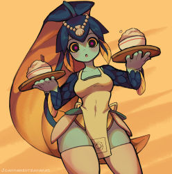 Rule 34 | 1girl, apron, blush, bowl, covered navel, dutch angle, fish girl, highres, joanna went bananas, minette (skullgirls), open mouth, ponytail, purple eyes, rice bowl, shell hair ornament, skullgirls, solo, thighhighs, tray, yellow background