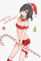 Rule 34 | 1girl, ahoge, arknights, bare shoulders, bell, black hair, blue eyes, breasts, candy, candy cane, choker, cleavage, commentary request, crop top, feet out of frame, food, grey background, hat, highres, holding, holding candy, holding food, jonnodraws, la pluma (arknights), looking at viewer, medium breasts, medium hair, merry christmas, midriff, navel, off-shoulder shirt, off shoulder, red choker, red hat, red shirt, red shorts, santa hat, shirt, short sleeves, shorts, smile, solo, standing, stomach, thigh strap