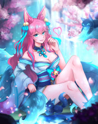 Rule 34 | 1girl, ahri (league of legends), alternate hair color, animal ears, bell, blue eyes, breasts, choker, cleavage, feet in water, fox ears, fox tail, hair bell, hair ornament, heart, highres, japanese clothes, jingle bell, kimono, korean clothes, league of legends, long hair, looking at viewer, medium breasts, nail polish, pink hair, short kimono, sitting, solo, spirit blossom ahri, tagme, tail
