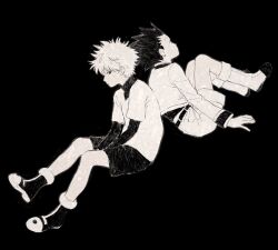 Rule 34 | 2boys, black background, boots, closed mouth, commentary, frown, full body, gon freecss, greyscale, highres, hunter x hunter, jacket, kgeroua, killua zoldyck, layered sleeves, long sleeves, looking at viewer, male focus, monochrome, multiple boys, short hair, short over long sleeves, short sleeves, shorts, spiked hair, symbol-only commentary