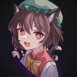 Rule 34 | 1girl, animal ear piercing, animal ears, bow, bowtie, brown hair, cat ears, cat tail, chen, chunjiu, dark background, disembodied eye, gap (touhou), green hat, hat, highres, mob cap, multiple tails, red eyes, red vest, shirt, solo, tail, touhou, two tails, vest, white shirt, yellow bow, yellow bowtie