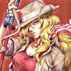 Rule 34 | 1girl, blonde hair, blue eyes, breasts, brown jacket, cleavage, commentary request, cowboy hat, fingerless gloves, gloves, hair over one eye, hat, head tilt, holding, holding sword, holding weapon, holding whip, jacket, katana, la mulana, large breasts, lumisa kosugi, naramura, red shirt, sheath, shirt, solo, sword, upper body, weapon
