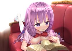 Rule 34 | 1girl, blush, book, bow, bowtie, breasts, cleavage, couch, downblouse, dress, feet, large breasts, long hair, meme attire, no headwear, no headwear, open-chest sweater, oukatihiro, patchouli knowledge, purple eyes, purple hair, red upholstery, shoe dangle, smile, socks, solo, sweater, touhou, white socks