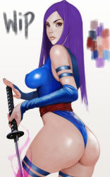 Rule 34 | 10s, 1girl, ass, botslim, breasts, elbow gloves, covered erect nipples, from behind, gloves, highleg, highleg leotard, highres, impossible clothes, impossible leotard, leotard, lips, marvel, medium breasts, nail polish, psylocke, purple eyes, purple hair, sash, simple background, solo, surprised, sword, weapon, unfinished, x-men