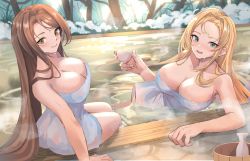 Rule 34 | 2girls, absurdres, beatrix (granblue fantasy), blonde hair, blue eyes, blush, bottle, breasts, brown eyes, brown hair, bucket, choko (cup), cleavage, commentary request, cup, granblue fantasy, hair down, highres, holding, holding cup, large breasts, long hair, looking at viewer, looking back, multiple girls, naked towel, onsen, parted bangs, partially submerged, renzu (lens 02), sitting, smile, snow, tokkuri, towel, very long hair, water, zeta (granblue fantasy)