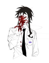 Rule 34 | 1boy, bandaged head, bandages, black hair, black necktie, blood, blood on face, blood on hands, buttons, chinese commentary, cigarette, collared shirt, commentary request, covered face, cropped torso, hand on own face, highres, holding, holding cigarette, long sleeves, mouth hold, name tag, necktie, original, pocket, shirt, short hair with long locks, simple background, smoke, smoking, solo, tiankong yiji, white background, white shirt, white sleeves