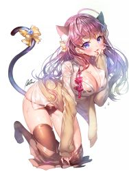 Rule 34 | 10s, 1girl, :3, ahoge, aile (crossroads), animal ears, bent over, blush, bow, bra, breasts, brown hair, brown panties, brown thighhighs, cat ears, cat girl, cat tail, cleavage, earrings, female focus, hair bow, ichinose shiki, idolmaster, idolmaster cinderella girls, jewelry, kneeling, large breasts, looking at viewer, open mouth, panties, purple eyes, revision, see-through, simple background, sketch, smile, solo, tail, tail bow, tail ornament, thighhighs, underwear, wet, wet clothes, white background