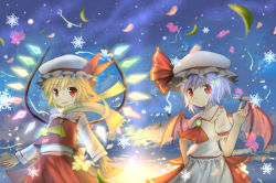 Rule 34 | 2girls, bat wings, blonde hair, bug, bunchou (bunchou3103), butterfly, fang, female focus, fireflies, flandre scarlet, highres, bug, light purple hair, moon, multiple girls, outstretched arms, petals, red eyes, remilia scarlet, scarf, short hair, siblings, sisters, slit pupils, smile, snow, snowflakes, spread arms, touhou, wings