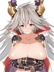 Rule 34 | 10s, 1girl, absurdres, blush, breasts, covering privates, covering breasts, draph, embarrassed, frown, granblue fantasy, hair between eyes, highres, horns, huge breasts, jewelry, long hair, okita ababa, red eyes, solo, threo (granblue fantasy)