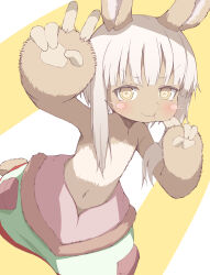 1other :t absurdres animal_ears blush body_fur brown_fur closed_mouth commentary_request dontcare369369 double_v flat_chest furry green_pants highres horizontal_pupils looking_at_viewer made_in_abyss medium_hair nanachi_(made_in_abyss) narehate navel other_focus pants puffy_pants stomach v v-shaped_eyebrows whiskers white_hair yellow_eyes yellow_pupils