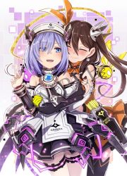 Rule 34 | bare shoulders, blue eyes, blue hair, boots, breasts, brown hair, cleavage, collar, crown, death end re;quest, dress, gloves, happy, hat, hug, leggings, lily hopes, long hair, medium breasts, official art, open mouth, pink background, ribbon, shina ninomiya, short hair, skirt, smile, teeth, thighhighs, thighs, twintails, white background