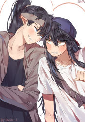Rule 34 | 2boys, alternate costume, alternate form, bag, baseball cap, black hair, blue eyes, blush, brown eyes, clenched hand, clenched teeth, collarbone, crossed arms, eye contact, forehead-to-forehead, hat, headband, heads together, inuyasha, inuyasha (character), inuyasha (human), kouga (inuyasha), looking at another, male focus, multiple boys, pointy ears, ponytail, shirt, simple background, smirk, sukja, t-shirt, teeth, white background