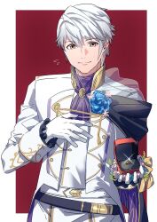 Rule 34 | 1boy, ameno (a meno0), ascot, belt, black belt, blue flower, blue rose, blush, box, brown eyes, closed mouth, commentary request, fire emblem, fire emblem awakening, fire emblem heroes, flower, flying sweatdrops, formal, groom, hand on own chest, holding, holding box, jacket, jewelry, long sleeves, looking at viewer, male focus, nintendo, official alternate costume, purple ascot, ring, ring box, robin (fire emblem), robin (male) (fire emblem), robin (male) (groom) (fire emblem), rose, see-through, shirt, short hair, smile, solo, suit, wedding ring, white hair, white jacket, white shirt, white suit