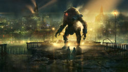 Rule 34 | 1boy, 1girl, bridge, building, city, city lights, cityscape, dark, destruction, from behind, full body, glowing, glowing eye, hetero, holding hands, lamp, lamppost, light rays, machinery, mecha, night, original, outdoors, railing, river, robot, rubble, scenery, science fiction, silhouette, size difference, sky, skyscraper, spotlight, standing, water, wide shot, you (shimizu)