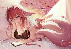 Rule 34 | 1girl, absurdres, animal ears, animalization, black bra, black panties, bra, breasts, cellphone, cheek rest, cherry blossoms, cleavage, closed mouth, floppy ears, fox ears, fox tail, genshin impact, highres, isljy, large breasts, long hair, looking at viewer, lying, on side, one eye closed, panties, petals, phone, pink fur, pink hair, pink tail, purple eyes, sidelocks, smartphone, solo, strap slip, tail, underwear, underwear only, yae miko, yae miko (fox)