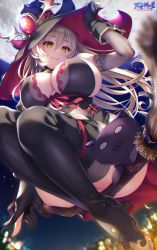 Rule 34 | 1girl, black footwear, black gloves, black hat, black thighhighs, blonde hair, boots, breasts, broom, broom riding, cleavage, closed mouth, commentary request, elbow gloves, fang, fang out, full body, gloves, hair between eyes, hand on headwear, hat, highres, hozumi kaoru, lace, lace-trimmed gloves, lace trim, large breasts, long hair, looking at viewer, nijisanji, nui sociere, nui sociere (1st costume), skin fang, smile, solo, thigh boots, thighhighs, thighs, very long hair, virtual youtuber, witch, witch hat, yellow eyes