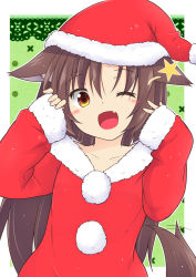 Rule 34 | 1girl, ;d, alternate costume, animal ears, blush, brown eyes, brown hair, fang, fur-trimmed sleeves, fur trim, hat, imaizumi kagerou, kazawa (tonzura-d), long hair, one eye closed, open mouth, pom pom (clothes), santa costume, santa hat, smile, solo, star (symbol), tail, touhou, upper body, wolf ears, wolf tail, yellow eyes