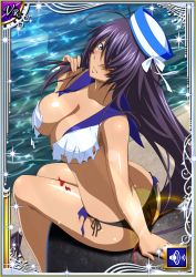 Rule 34 | 1girl, arm support, ass, bikini, bikini bottom only, black bikini, blue sailor collar, breasts, card (medium), cleavage, closed mouth, collarbone, day, embarrassed, floating hair, from above, from behind, grey eyes, hair over one eye, hat, hat ribbon, highres, holding, holding hair, ikkitousen, kan&#039;u unchou, large breasts, lens flare, long hair, looking at viewer, outdoors, purple hair, ribbon, sailor collar, shiny skin, shirt, side-tie bikini bottom, sitting, solo, swept bangs, swimsuit, torn clothes, torn shirt, very long hair, water, white ribbon