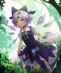 Rule 34 | 1girl, :d, bloomers, blue bow, blue dress, blue eyes, blue hair, blush, bow, cirno, cowboy shot, dress, flower, forest, hair bow, hair flower, hair ornament, hidden star in four seasons, ice, ice wings, looking at viewer, nature, open mouth, piyodesu, puffy short sleeves, puffy sleeves, round teeth, short sleeves, smile, solo, sunflower, tan, tanned cirno, teeth, touhou, underwear, wings