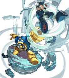Rule 34 | ;o, absurdres, air man, android, aqua eyes, arm cannon, battle, blue eyes, electric fan, hand fan, fighting stance, floating, from above, full body, helmet, highres, koki (ryoushikiha), mega man (classic), mega man (series), mega man 2, no pupils, one eye closed, open mouth, outstretched arms, robot, rock, mega man (character), standing, weapon, white background, wince, wind, yellow eyes